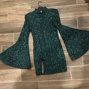 Michael Costello Emerald Green Sequin Bell Sleeve Mini Dress